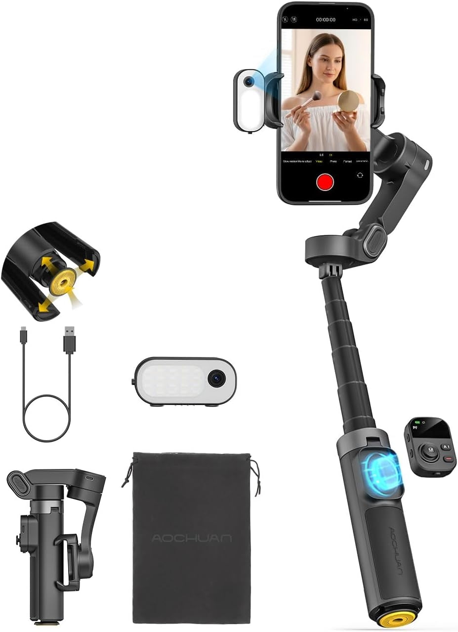 Håndholdt 3-akset anti-rystelse gimbal-stabilisator til iPhone AI-sporingsmodul med fill-light Gestusstyring og one-tap stativfrigørelse Indbygget forlængerstang