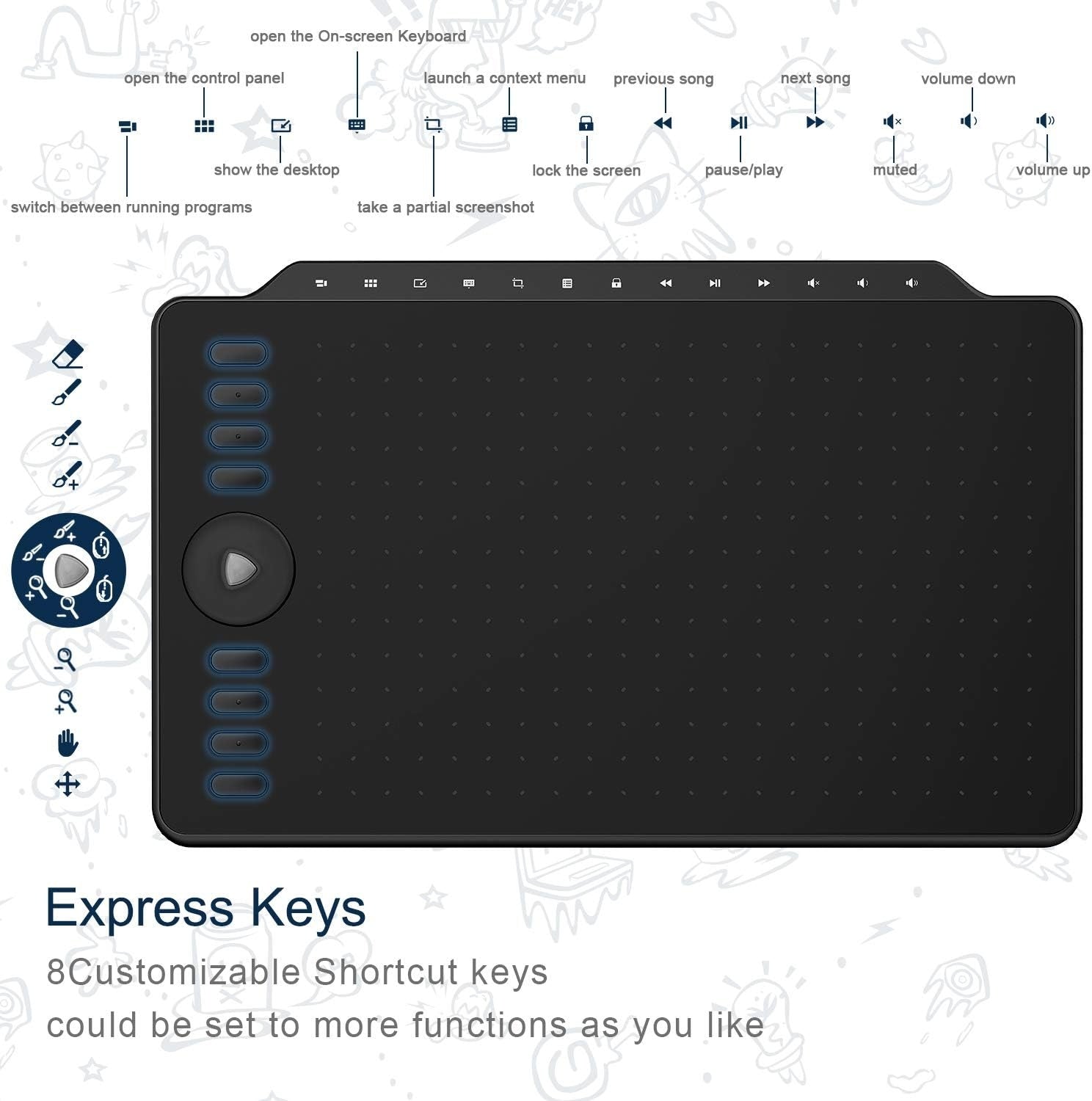GAOMON Grafisk Tegneplade 12" med 8 genvejsknapper & 13 multimedieknapper