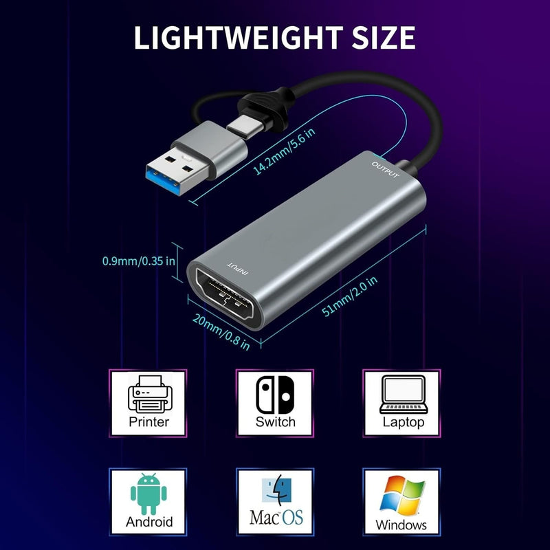 HDMI til USB-adapter til videooptagelse 4K 30Hz USB-A og USB-C