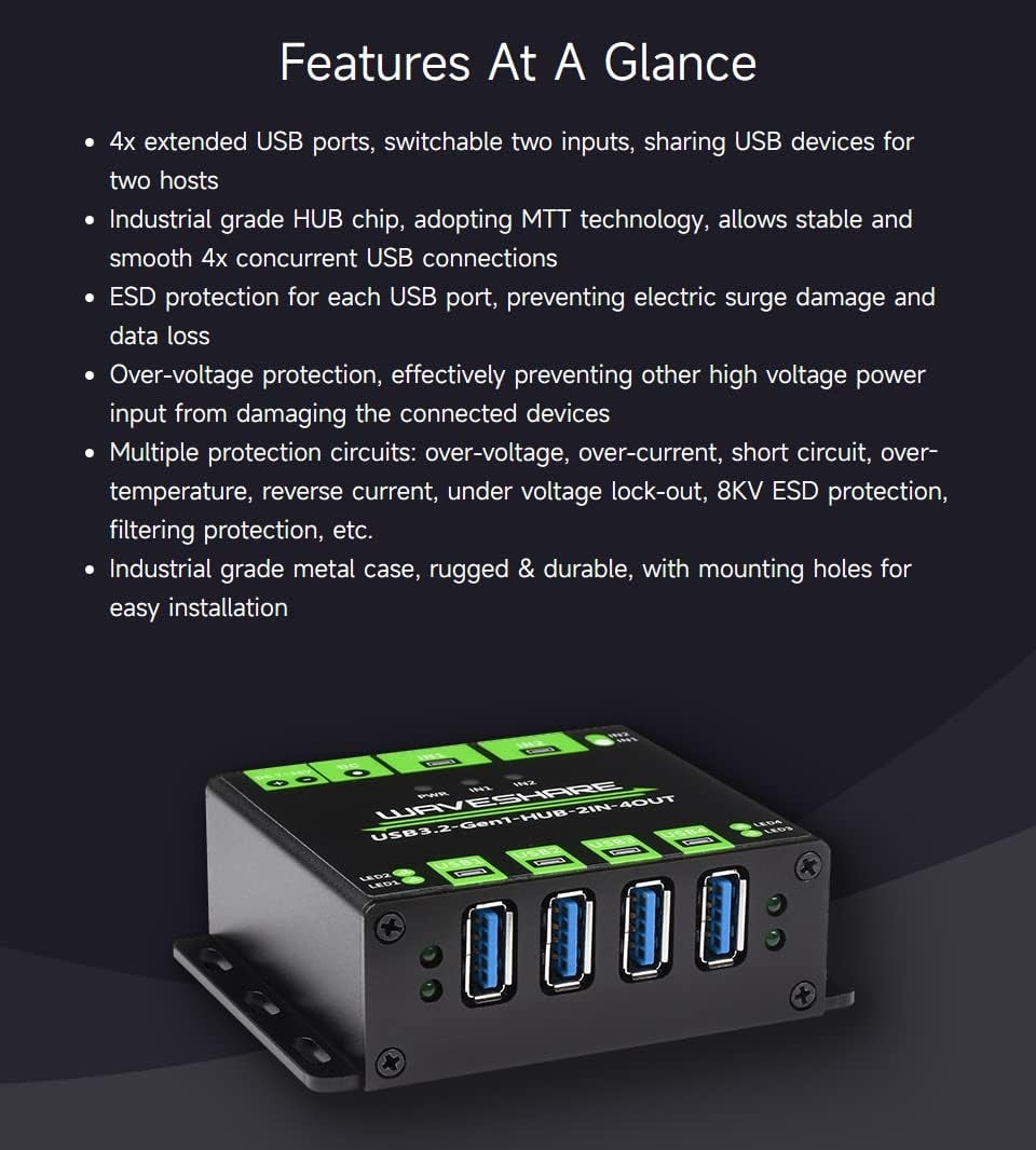 Industriel USB HUB til 2 computere til 4 USB 3.2-porte, skiftbar, monterbar, kompatibel med Windows Linux Mac