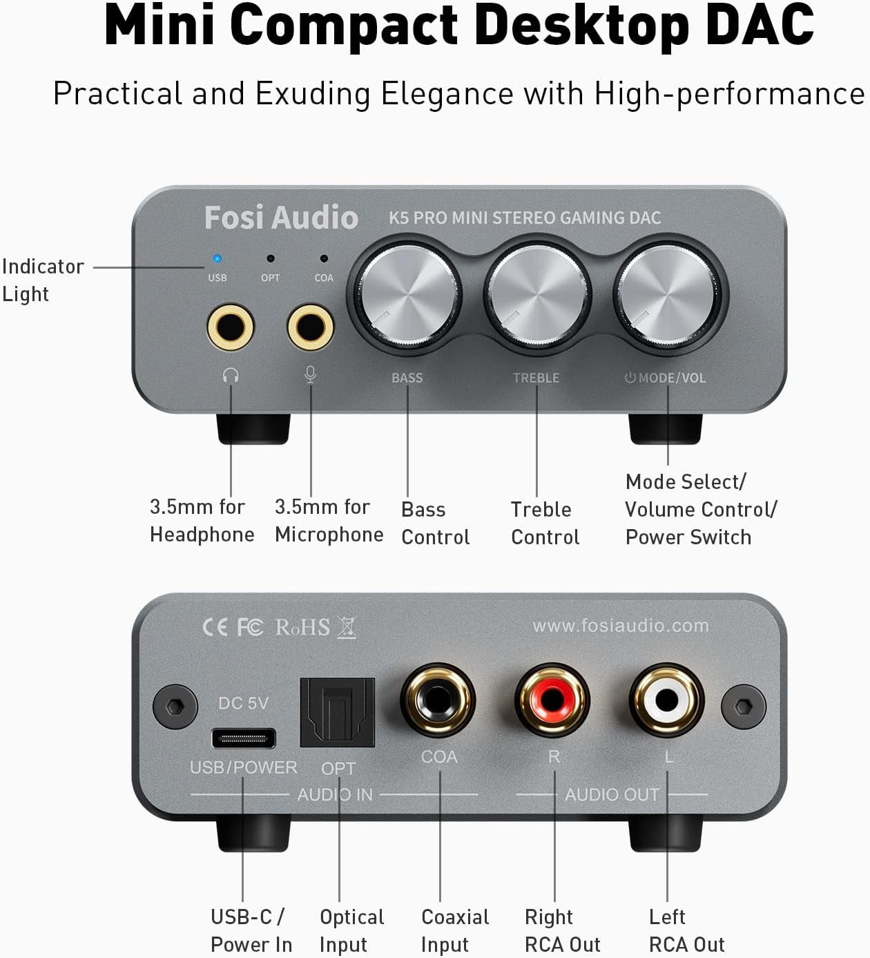 Fosi Audio K5PRO Gaming mini DAC-forstærker til PS5/PC/MAC, USB-C/Optisk/Koaksial til 3,5 mm/RCA