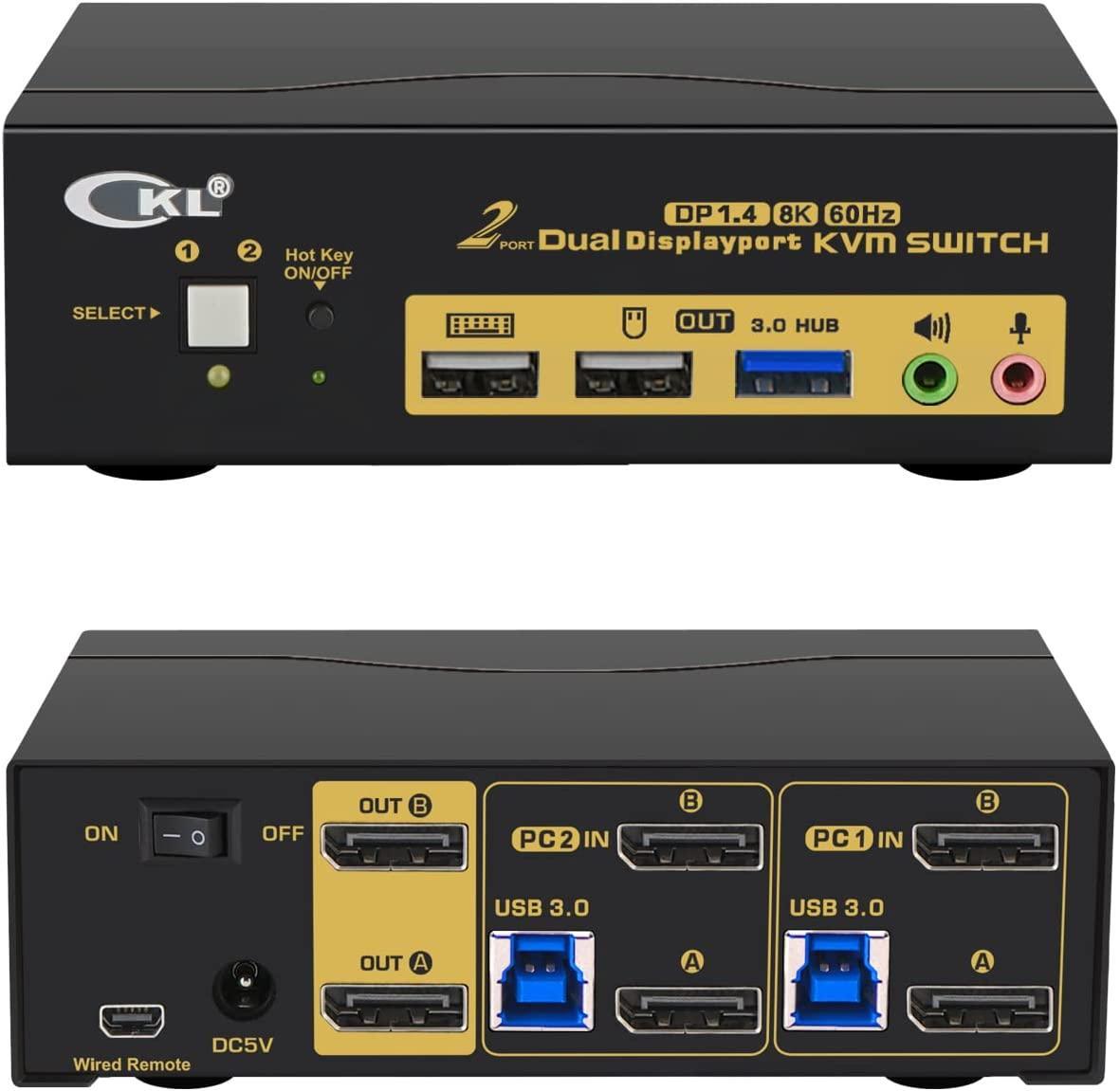 KVM-switch 2 til 2 DisplayPort til DisplayPort, 8K30Hz 4K144Hz, 3x USB-A, 2x 3,5 mm AUX