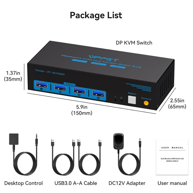 NÖRDIC KVM-switch 2 til 2 DisplayPort til DisplayPort, 8K60Hz/4K120Hz, 4x USB-A