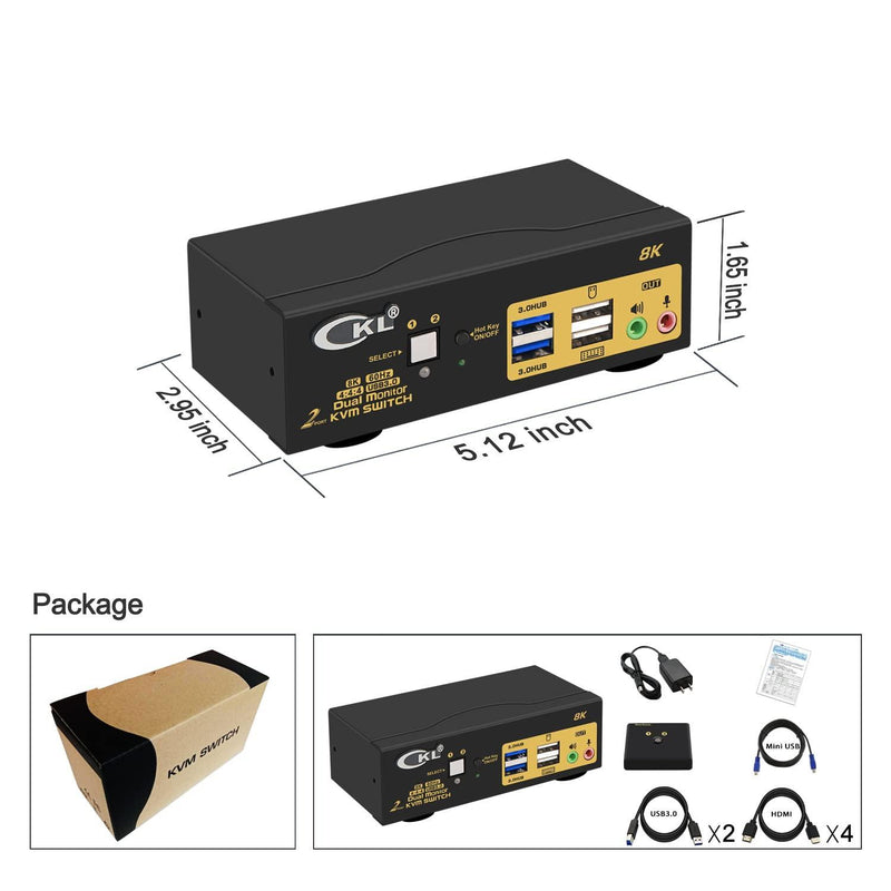 KVM 2x2 HDMI Switch Dual Monitor HDMI2.1 8K60Hz 4K144Hz 4:4:4 med 2x3.5mm og 4xUSB-A