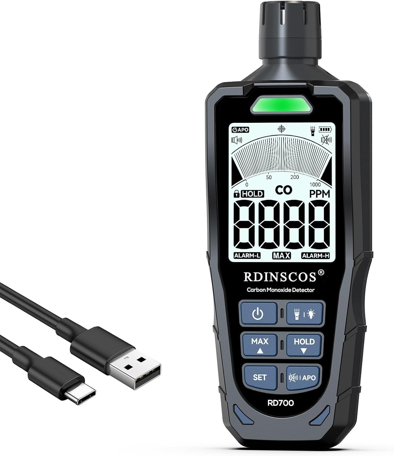Kolmonoxiddetektor 0 ~ 1 000 ppm med LCD-skärm, bärbart CO-larm med visuella och hörbara larm, uppladdningsbar CO-detektor för hem, camping, utomhus