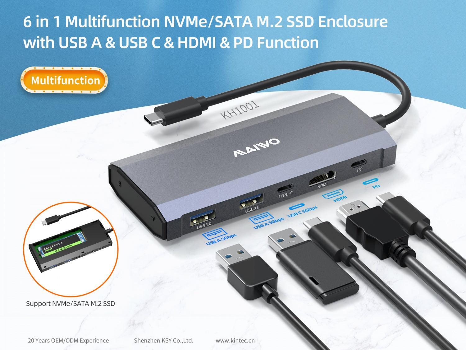 MAIWO 1 til 6 dockingstation 1xNVMe/SATA 1xHDMI 4K60Hz, 2xUSB-A 1xUSB-C 5Gbps 1xUSB-C PD100W