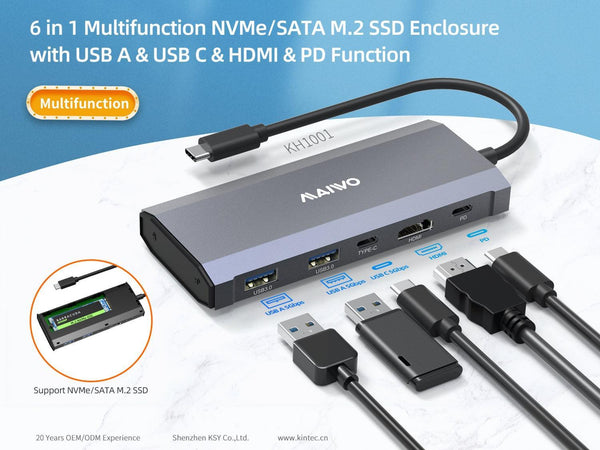 MAIWO 1 till 6 Dockningsstation 1xNVMe/SATA 1xHDMI 4K60Hz, 2xUSB-A 1xUSB-C 5Gbps 1xUSB-C PD100W