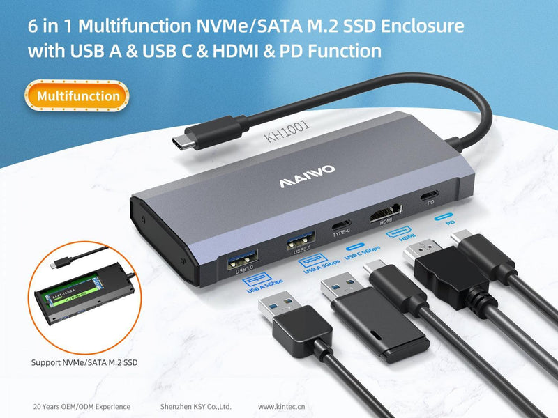 MAIWO 1 till 6 Dockningsstation 1xNVMe/SATA 1xHDMI 4K60Hz, 2xUSB-A 1xUSB-C 5Gbps 1xUSB-C PD100W