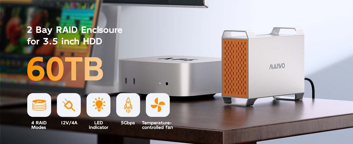 MAIWO 2-bay SATA RAID kabinet til 3,5" HDD, lynhurtig 5Gbps, RAID 1/0/JBOD, 2x30TB