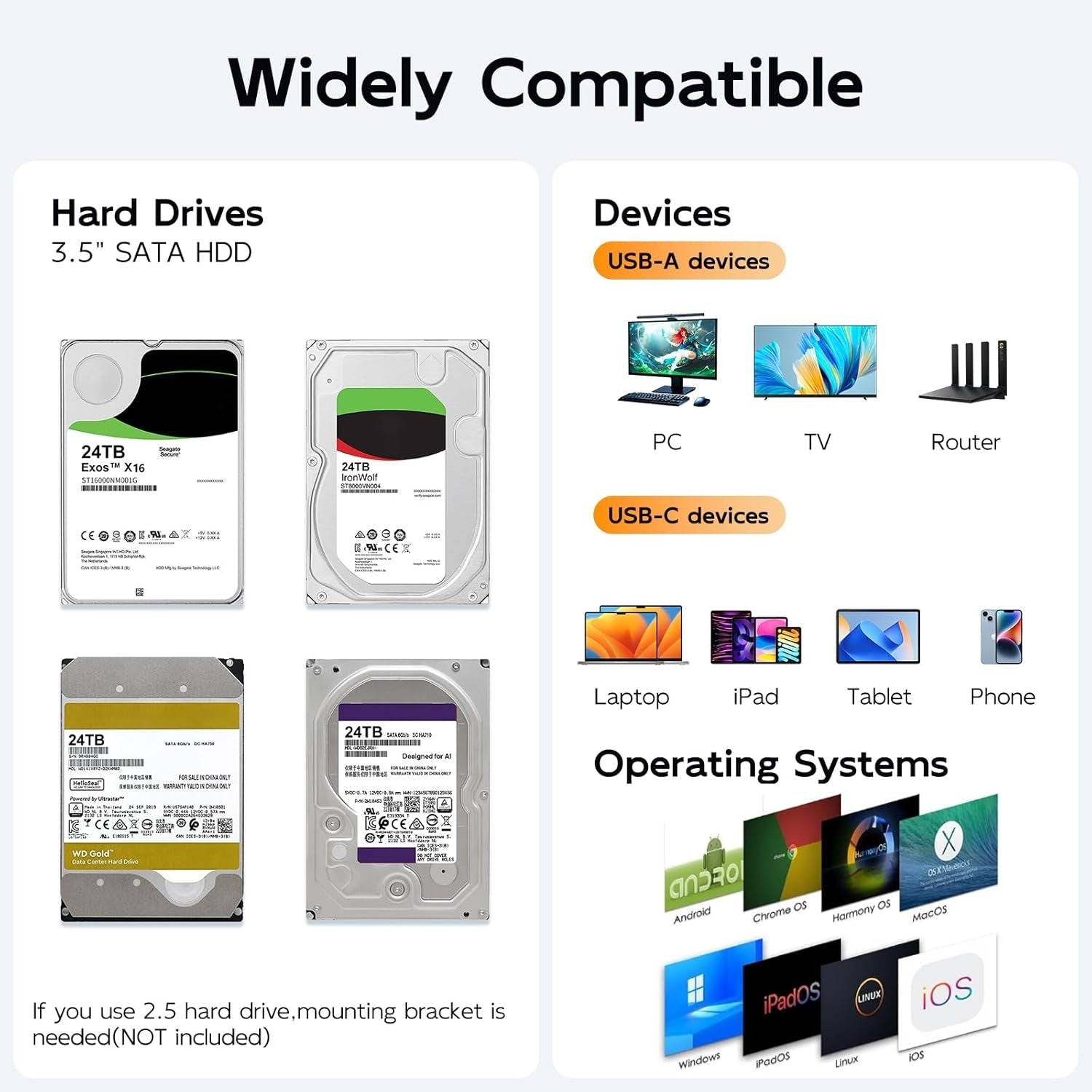 MAIWO 2-bay SATA RAID kabinet til 3,5" HDD, lynhurtig 5Gbps, RAID 1/0/JBOD, 2x30TB