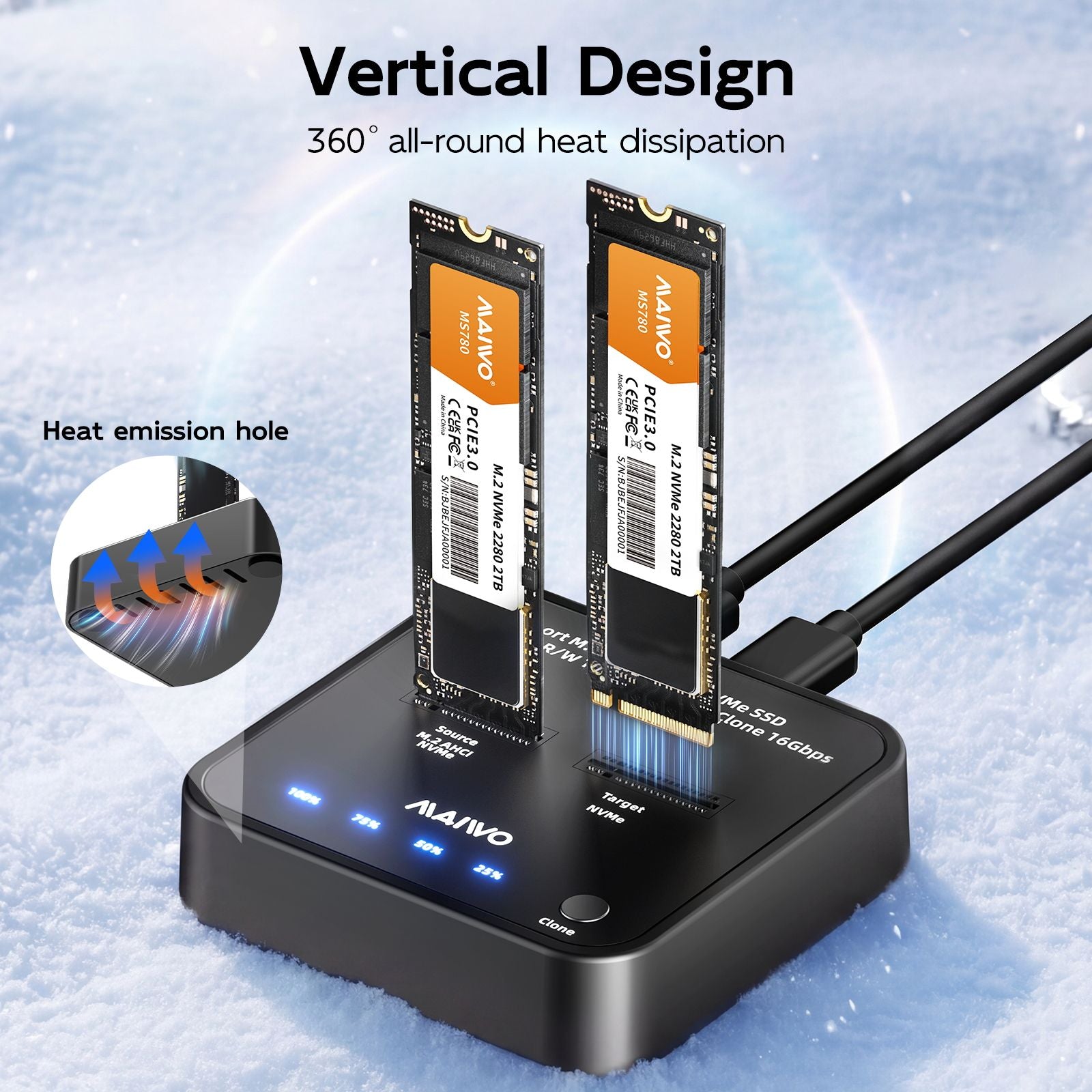 MAIWO K3016AN NVMe Cloner M.2 Duplicator for PCIe NVMe M-Key SSD, 16Gbps Cloning Speed, Access Two SSDs Simultaneously