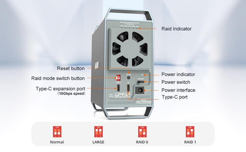 MAIWO K35282C USB-C 3.1 eksternt kabinet aluminium til 2x 3,5" SATA HDD med understøttelse af RAID