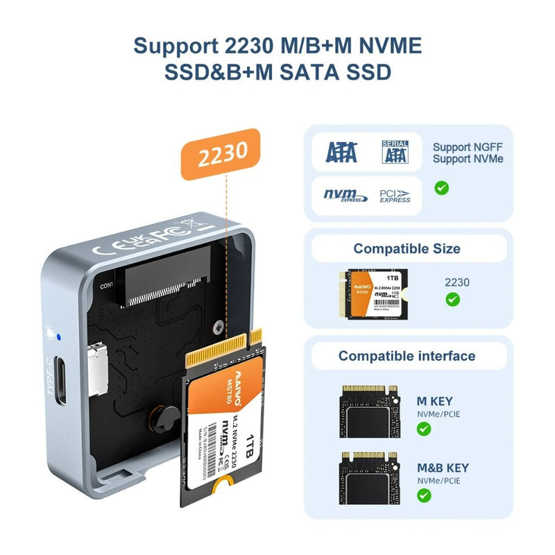 MAIWO M.2 2230 NVMe og SATA SSD mini eksternt kabinet USB 3.2 Gen 2 10 Gbps