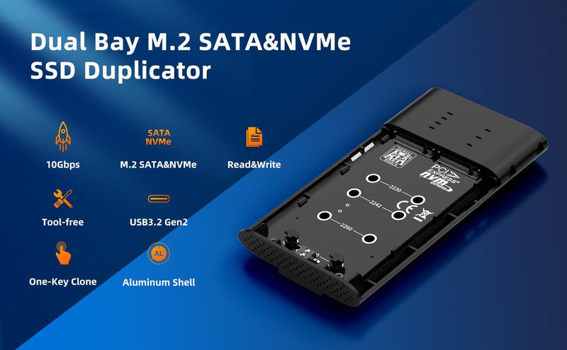 Maiwo Ekstern HDD-klonkabinet M.2 SATA og NVMe SSD USB3.2 10 Gbps 1:1 HDD-klon