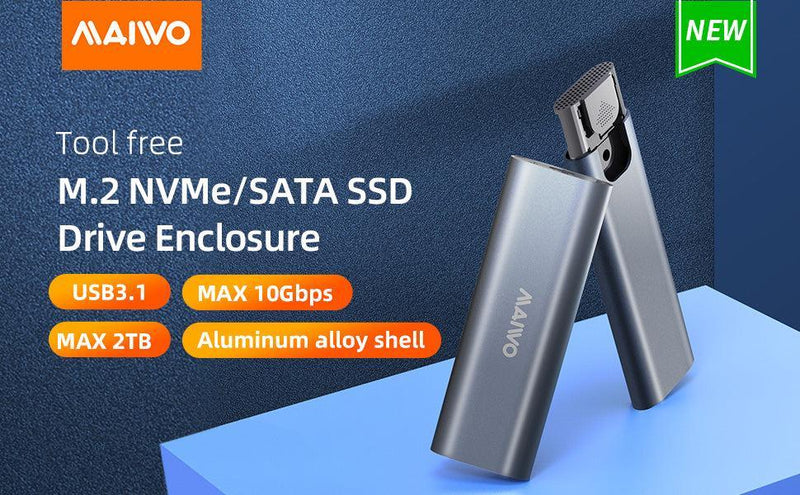 Maiwo K1689 M.2 SATA & NVMe SSD combo til USB3.2 Gen2 10 Gbps eksternt kabinet skrueløst design aluminium