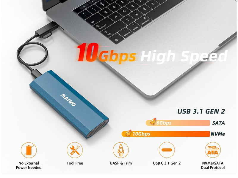 Maiwo K1690 M.2 SATA & NVMe SSD combo til USB3.2 Gen2 10 Gbps eksternt kabinet skrueløst design aluminium