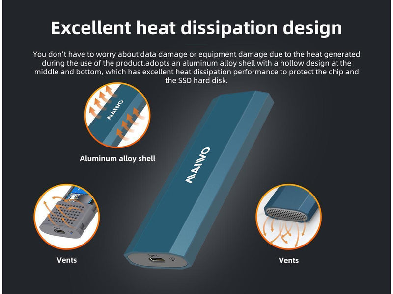 Maiwo K1690 M.2 SATA & NVMe SSD combo til USB3.2 Gen2 10 Gbps eksternt kabinet skrueløst design aluminium