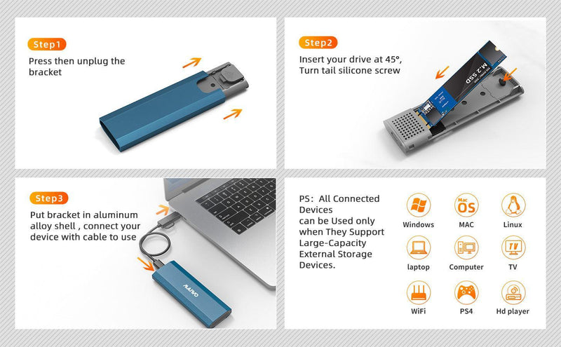 Maiwo K1690 M.2 SATA & NVMe SSD combo til USB3.2 Gen2 10 Gbps eksternt kabinet skrueløst design aluminium