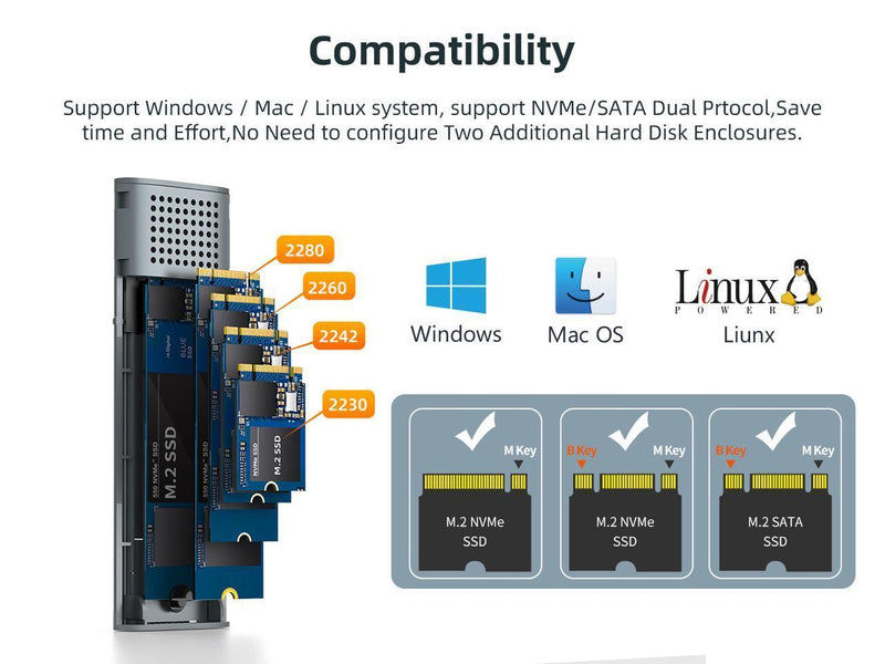 Maiwo K1690 M.2 SATA & NVMe SSD combo til USB3.2 Gen2 10 Gbps eksternt kabinet skrueløst design aluminium