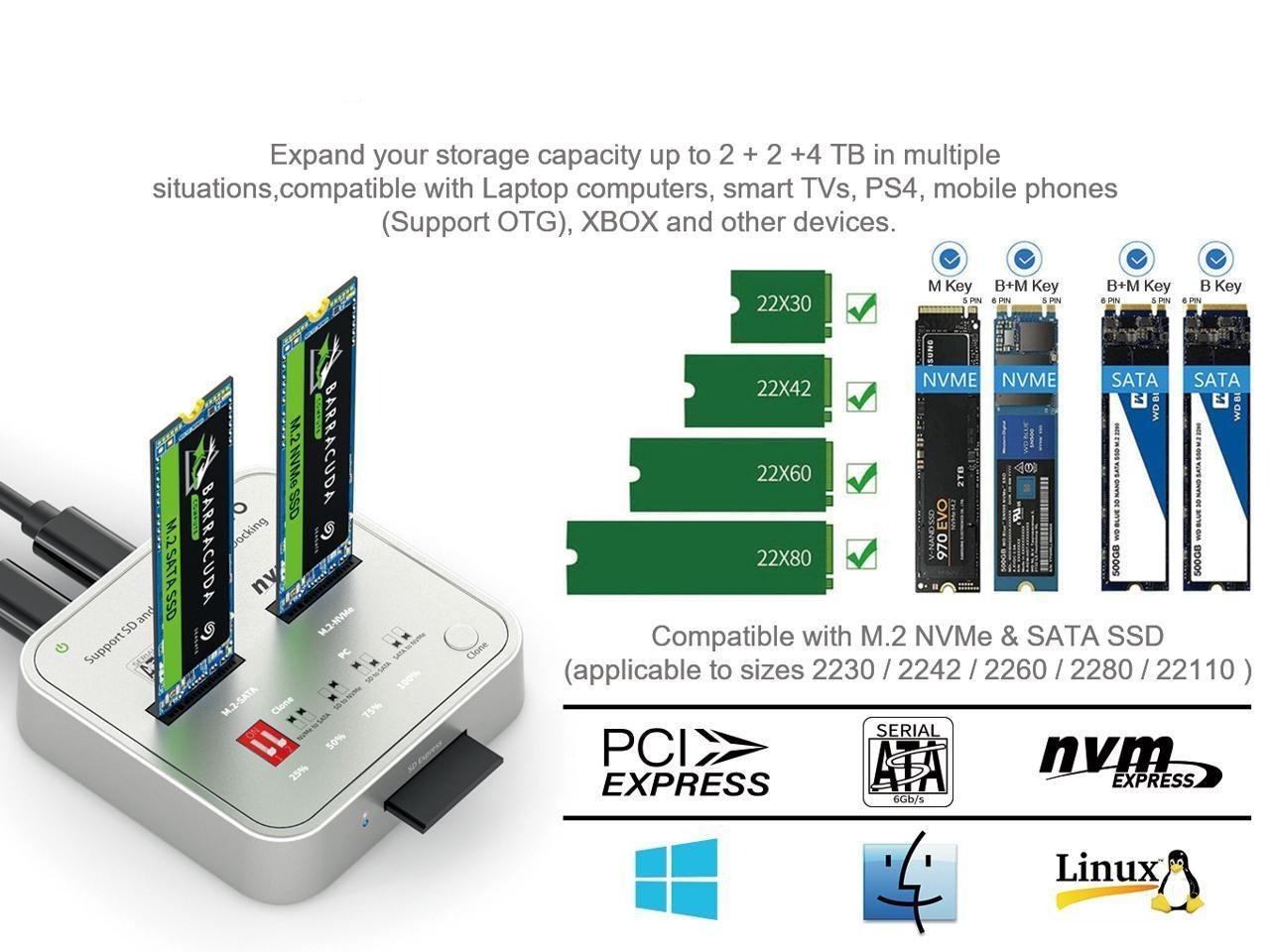 Maiwo K3016CL dockingstation til disk kloning SATA og NVMe SSD 1: 1 10 Gbps M-Key og Key B + M SD Express-kortlæser