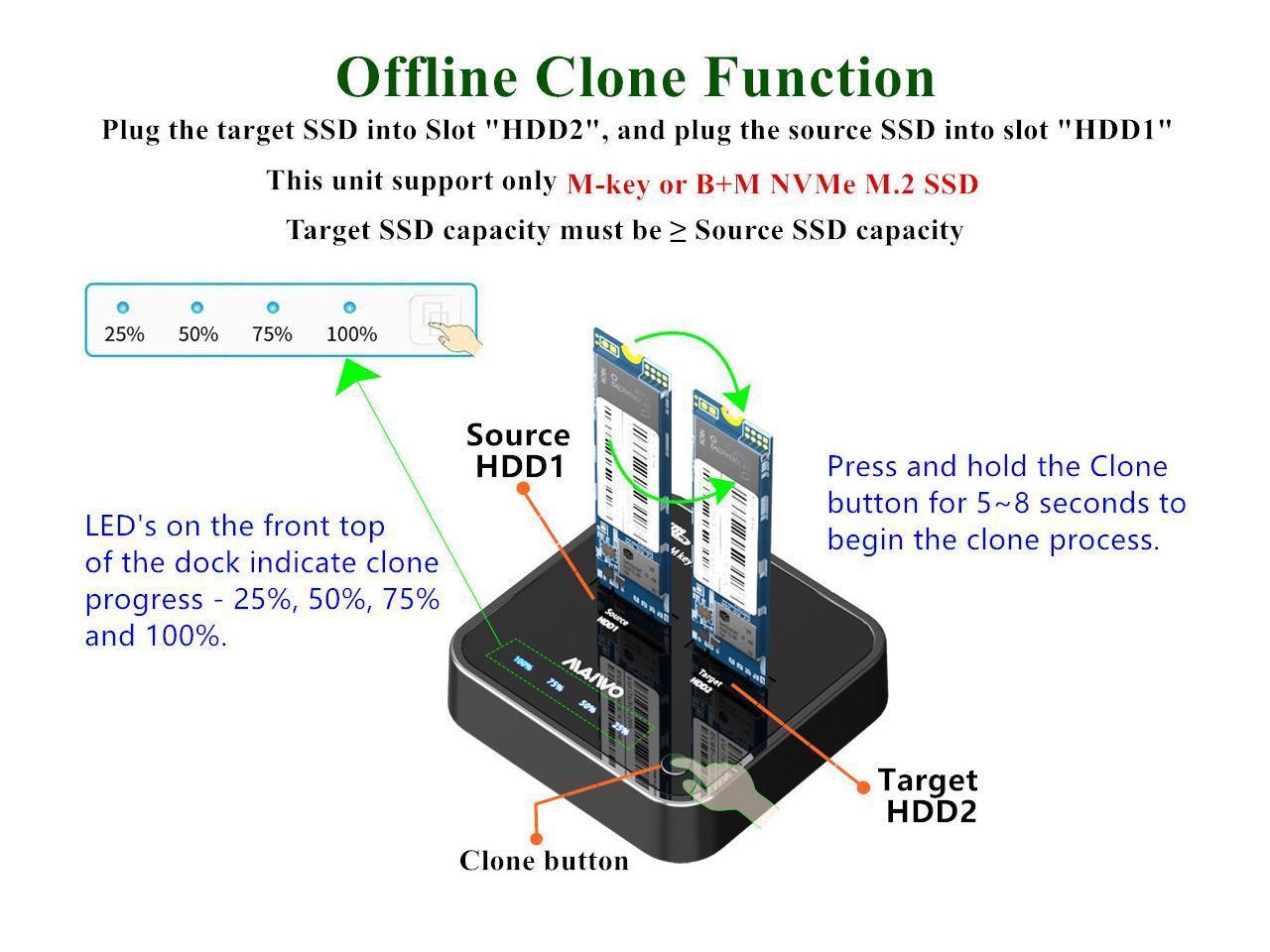 Maiwo K3016P dockingstation til disk kloning af NVMe SSD 1: 1 10 Gbps M-Key og Key B + M