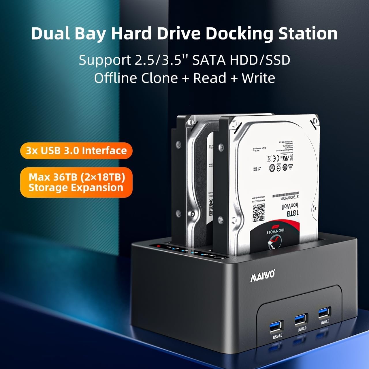 Maiwo K3082H USB 3.1 GEN1 5Gbps dockingstation 2st 2,5-3,5 SATA-harddisk SSD op til 14TB med understøttelse af UASP 3xUSB3.1 hub