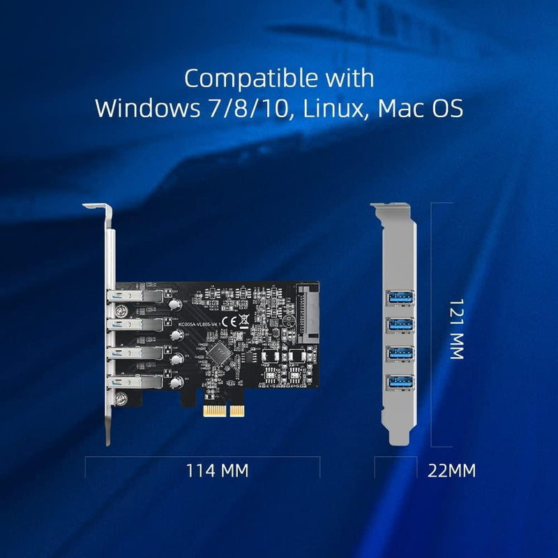 Maiwo KC005A PCI Express x1-kort til 4 eksterne USB-A 3.1 5Gbps