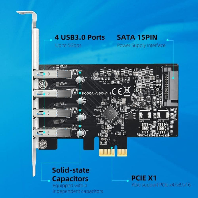 Maiwo KC005A PCI Express x1-kort til 4 eksterne USB-A 3.1 5Gbps