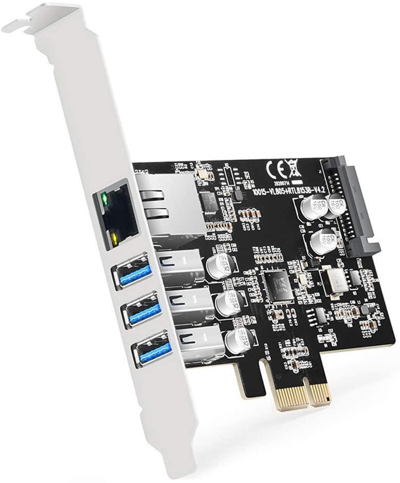 Maiwo KC015 PCI Express x1kort til 3xUSB3.0 5Gbps og 1x Gigabit Ethernet