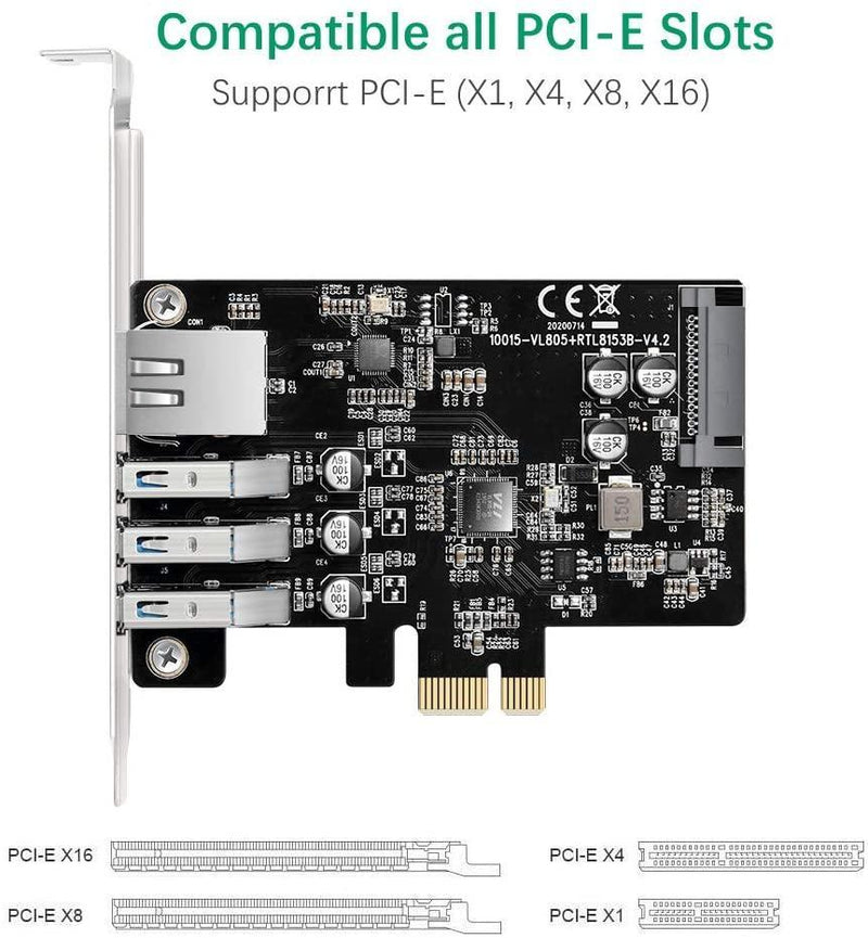 Maiwo KC015 PCI Express x1kort til 3xUSB3.0 5Gbps og 1x Gigabit Ethernet