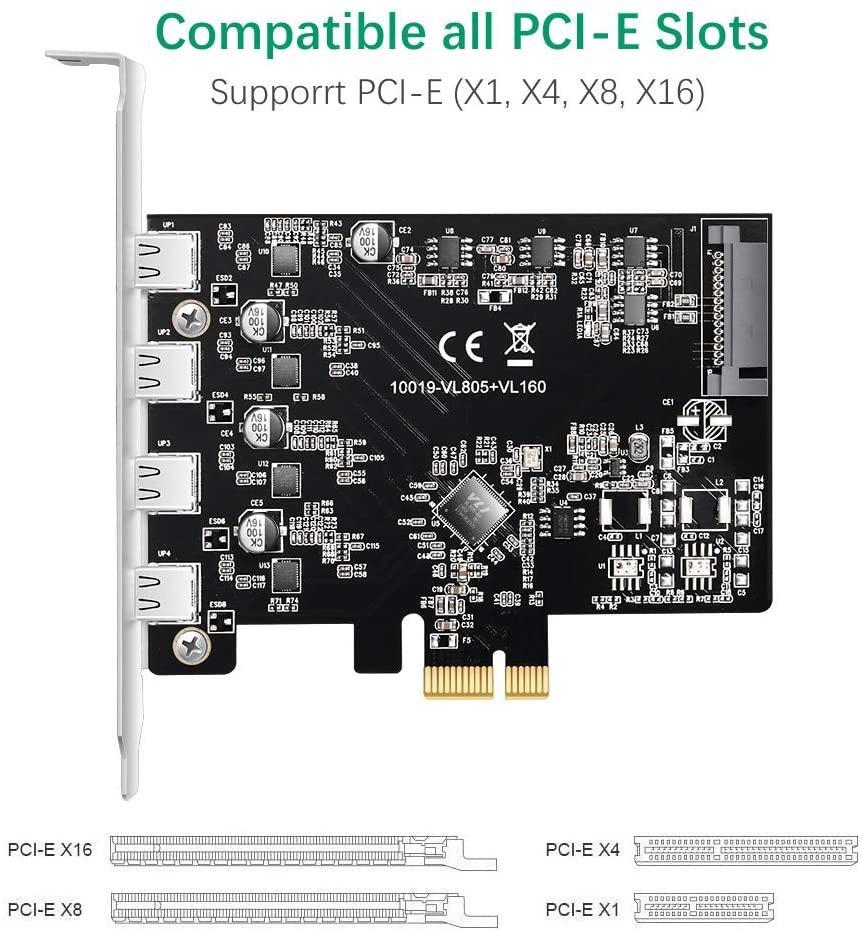 Maiwo KC019 PCI Express x1-kort 4 eksterne USB 3.1 5Gbps type C