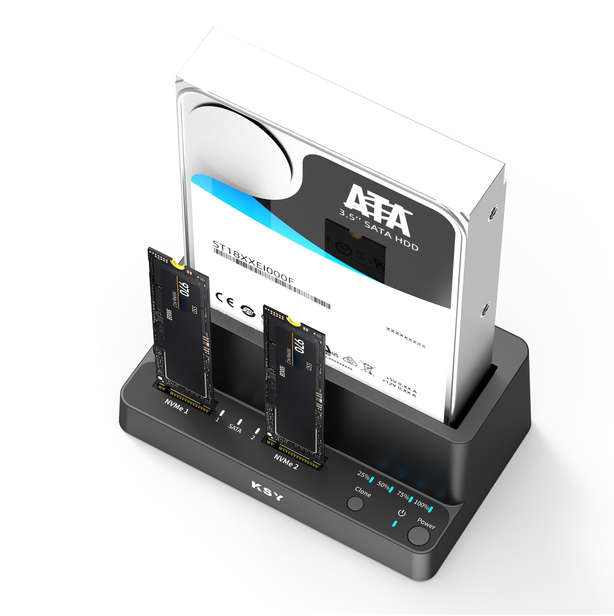 Maiwo Triple Bay HDD Clone-kabinet til 2× SSD NVMe M.2 og 1× SATA HDD