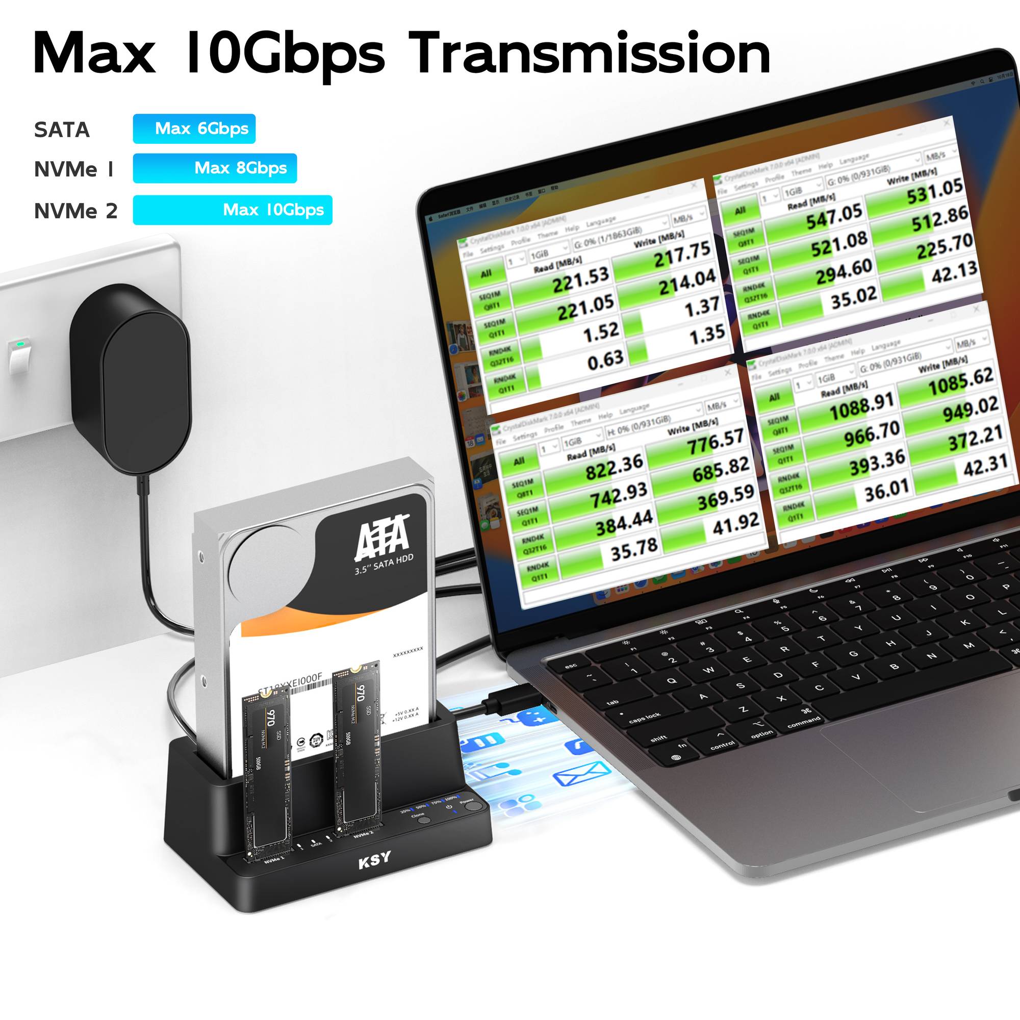 Maiwo Triple Bay HDD Clone-kabinet til 2× SSD NVMe M.2 og 1× SATA HDD
