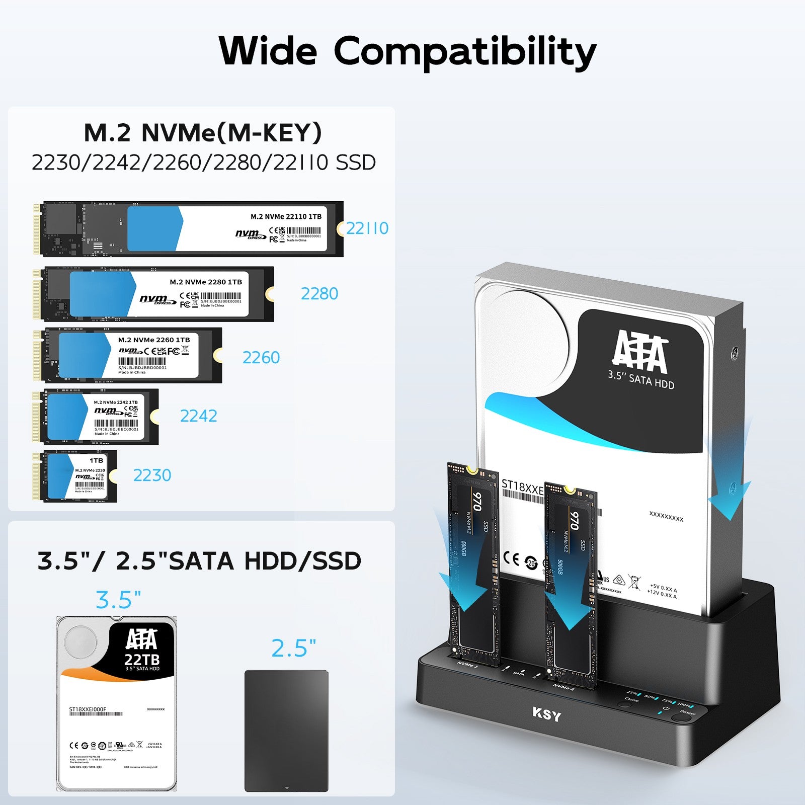 Maiwo Triple Bay HDD Clone-kabinet til 2× SSD NVMe M.2 og 1× SATA HDD