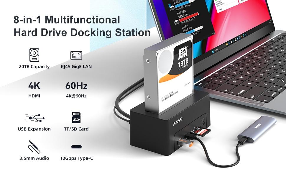 Maiwo USB-C dockingstation 2,5"/3,5" 2x SATA HDD SSD & SD/TF hukommelseskort, HDMI2.0 4K60Hz RJ45 GigaLan USB-A & USB-C 10Gbps