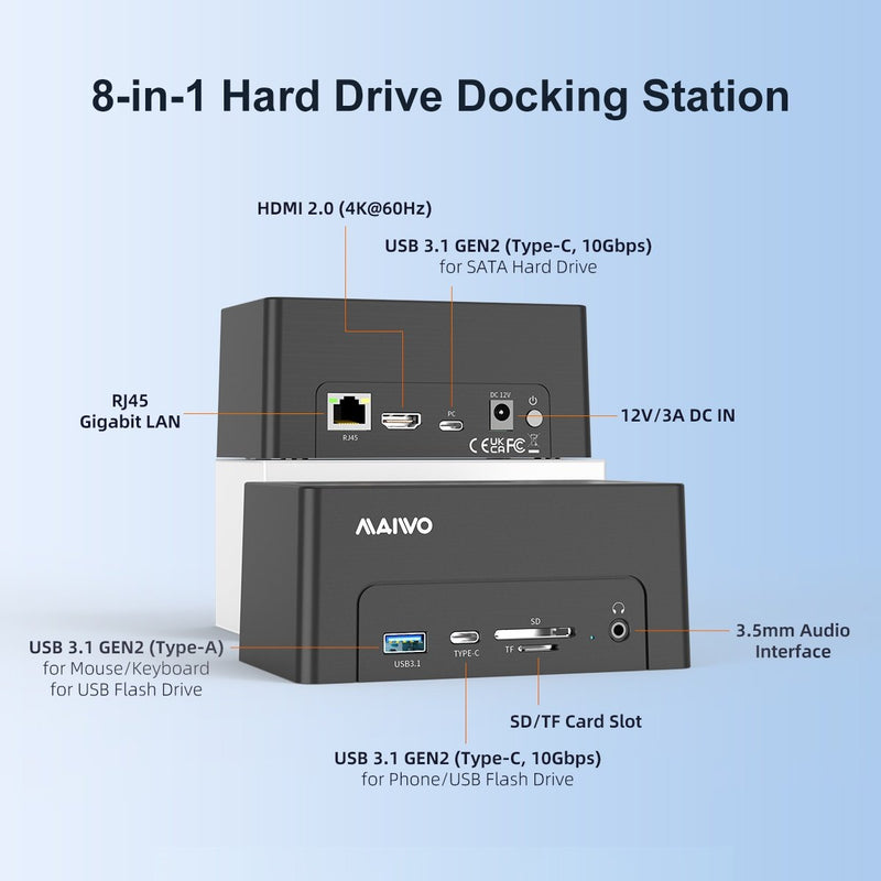 Maiwo USB-C dockingstation 2,5"/3,5" 2x SATA HDD SSD & SD/TF hukommelseskort, HDMI2.0 4K60Hz RJ45 GigaLan USB-A & USB-C 10Gbps