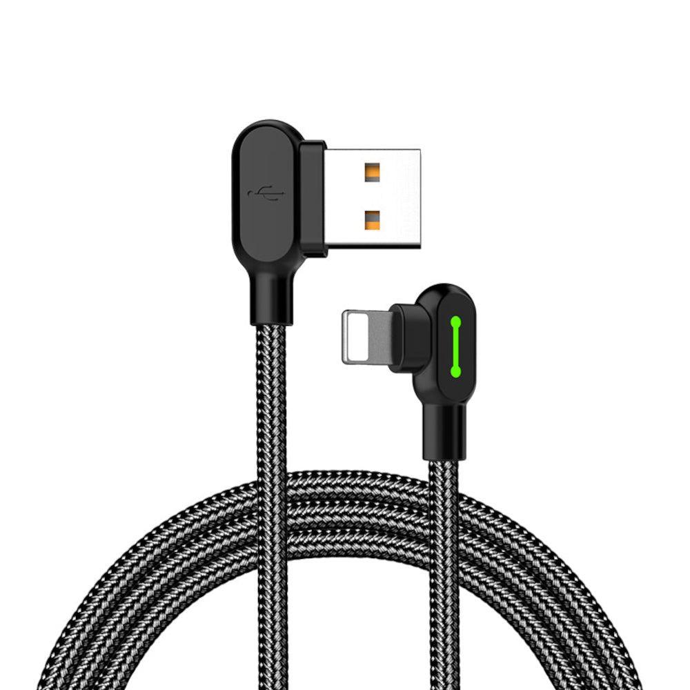 Mcdodo CA-4671 Vinklet Lightning (Ikke-MFI'er) til vinklet USB A-kabel til synkronisering og hurtig opladning, LED, sort, 1,2 m