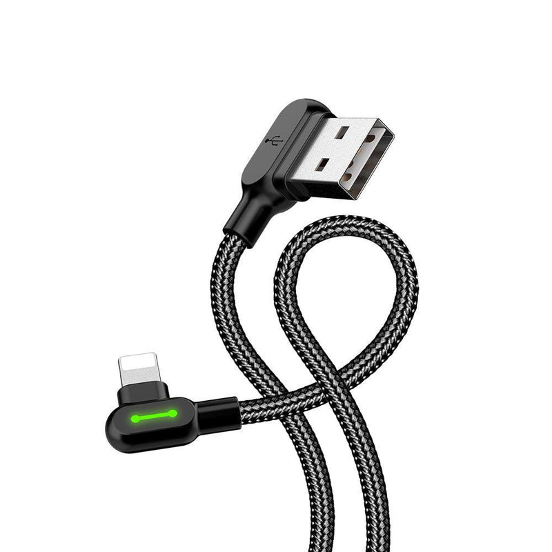 Mcdodo CA-4671 Vinklet Lightning (Ikke-MFI'er) til vinklet USB A-kabel til synkronisering og hurtig opladning, LED, sort, 1,2 m