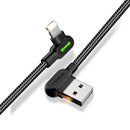 Mcdodo CA-4671 Vinklet Lightning (Ikke-MFI'er) til vinklet USB A-kabel til synkronisering og hurtig opladning, LED, sort, 1,2 m