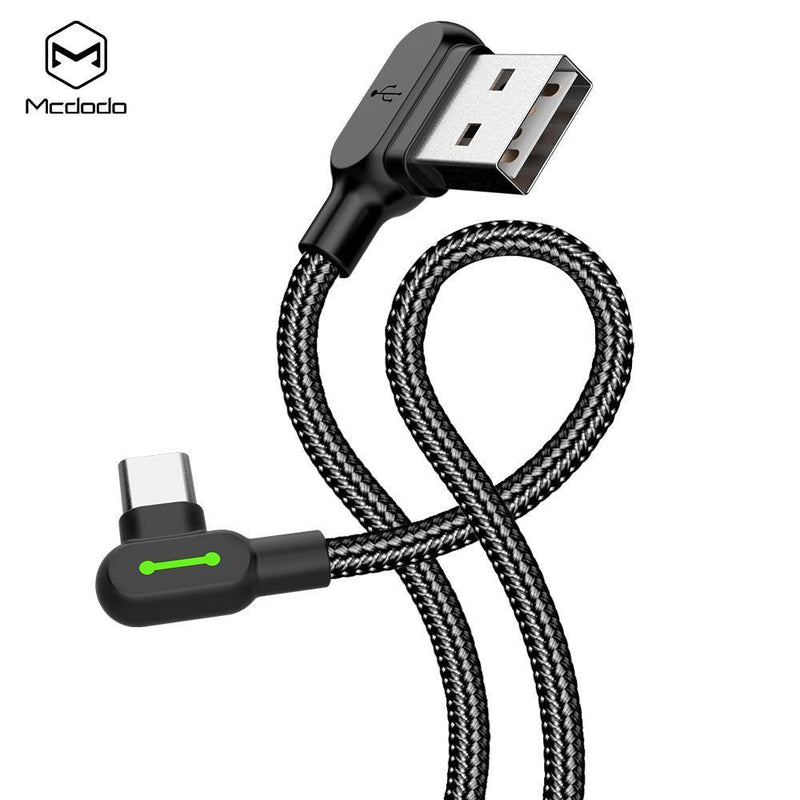 Mcdodo CA 5280 Vinklet USB C til vinklet USB A kabel til synkronisering og hurtig opladning LED sort 0.5m