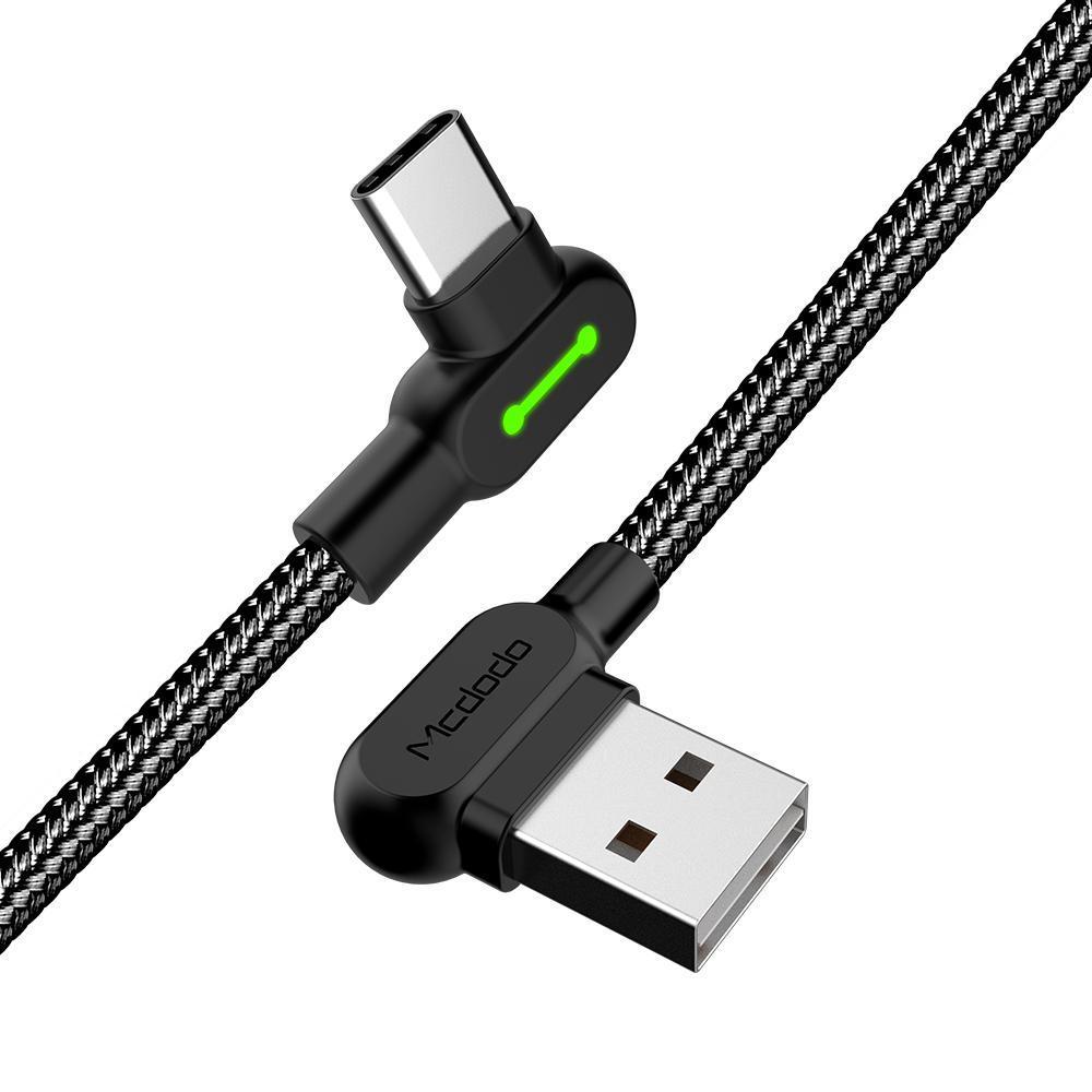 Mcdodo CA 5282 Vinklet USB C til vinklet USB A kabel til synkronisering og hurtig opladning LED sort 1,8m