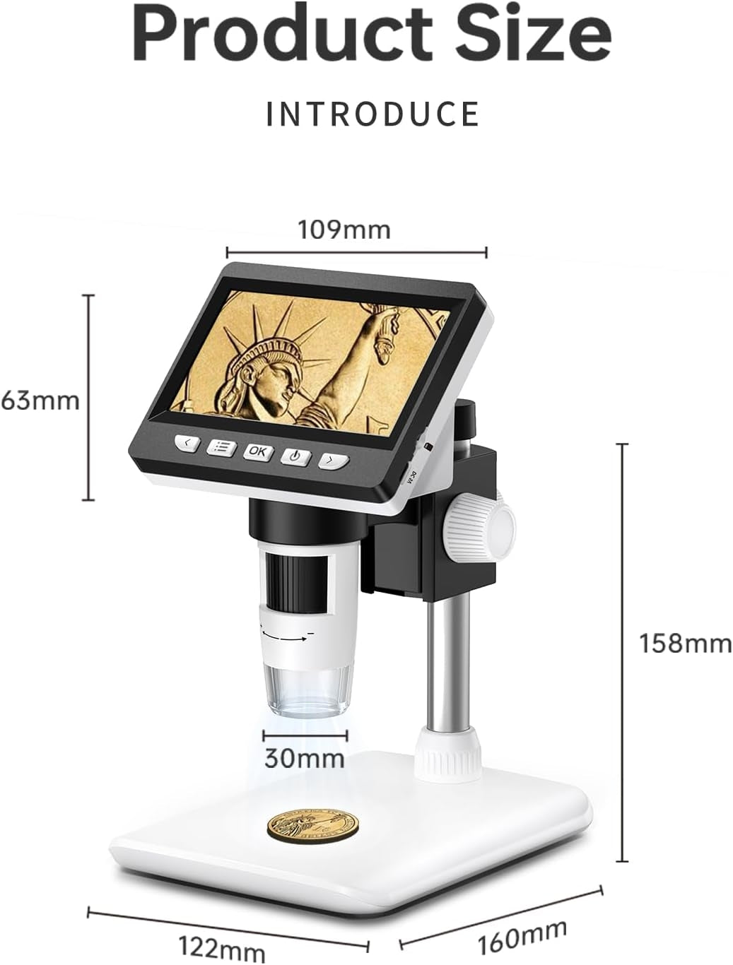 NÖRDIC Mikroskop til Mobiltelefoner, LCD Digitalt Mikroskop 50X–500X, 4,3-tommer 1080P USB-mikroskop med 8 justerbare LED-lys og PC-visning