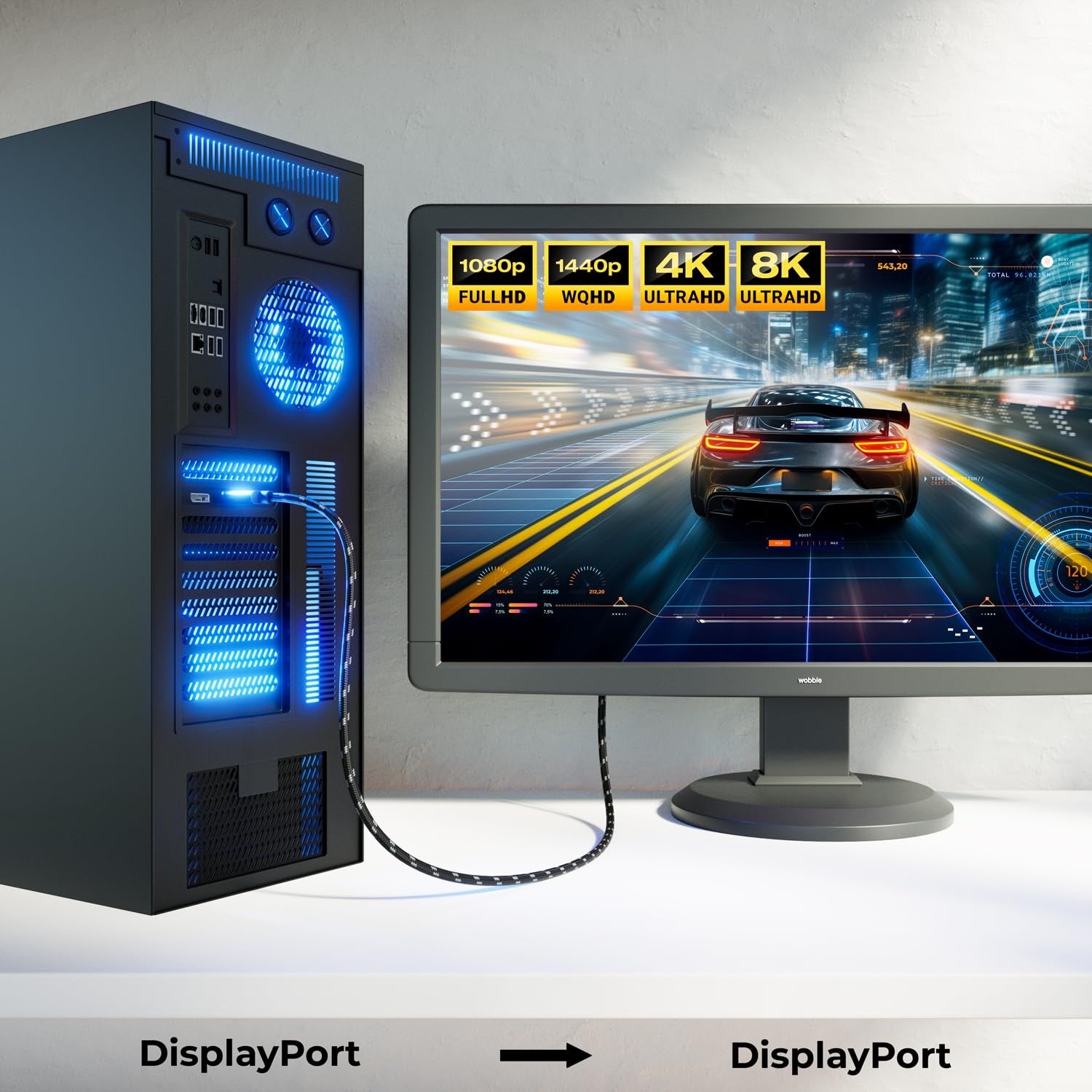 NORDIC CERTIFICEREDE KABLER 1m nylon flettet Displayportkabel 1,4 UHD 8K60Hz 4K144Hz HBR3 32,4Gbps 10-bit HDR