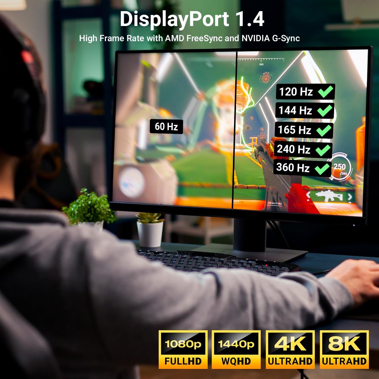 NORDIC CERTIFICEREDE KABLER 3m nylon flettet Displayportkabel 1,4 UHD 8K60Hz 4K144Hz HBR3 32,4Gbps 10-bit HDR