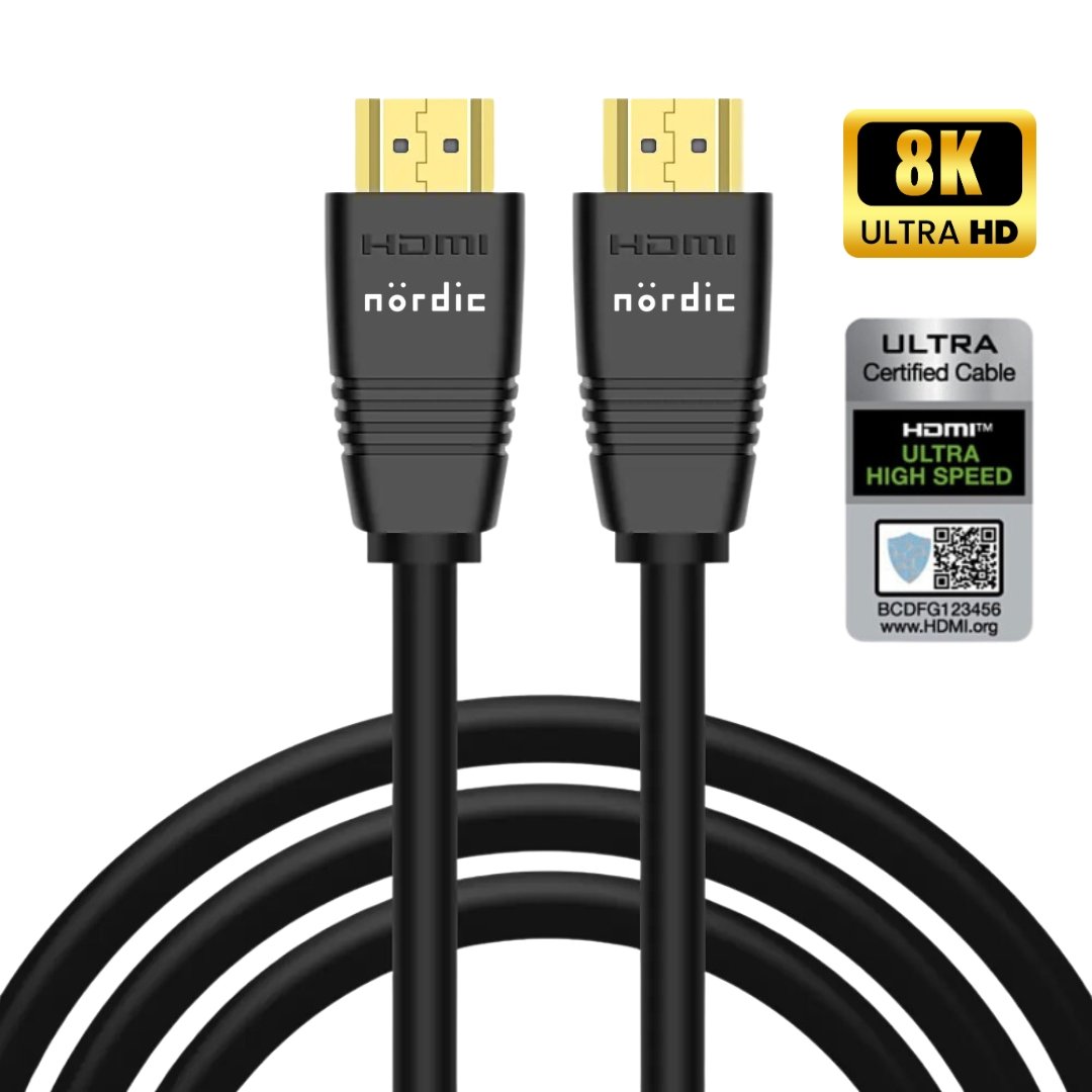 NORDIC CERTIFIED CABLES 2m Ultra High Speed HDMI2.1 8K 60Hz 4K 120Hz 144Hz 48Gbps Dynamic HDR eARC Game Mode VRR Dolby ATMOS guldbelagt PVC sort