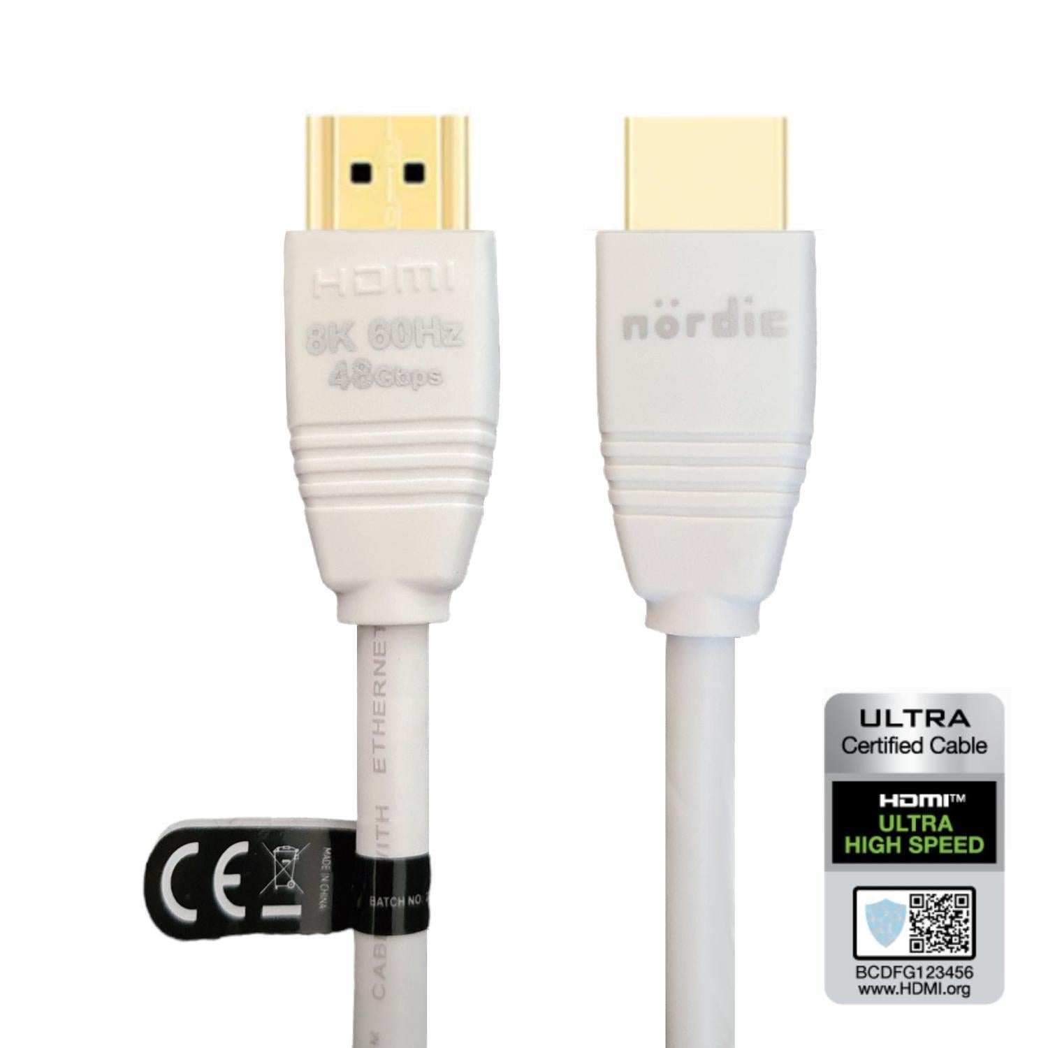 NORDIC CERTIFIED CABLES 3m Ultra High Speed HDMI2.1 8K 60Hz 4K 120Hz 144Hz 48Gbps Dynamic HDR eARC Game Mode VRR Dolby ATMOS guldbelagt PVC hvid