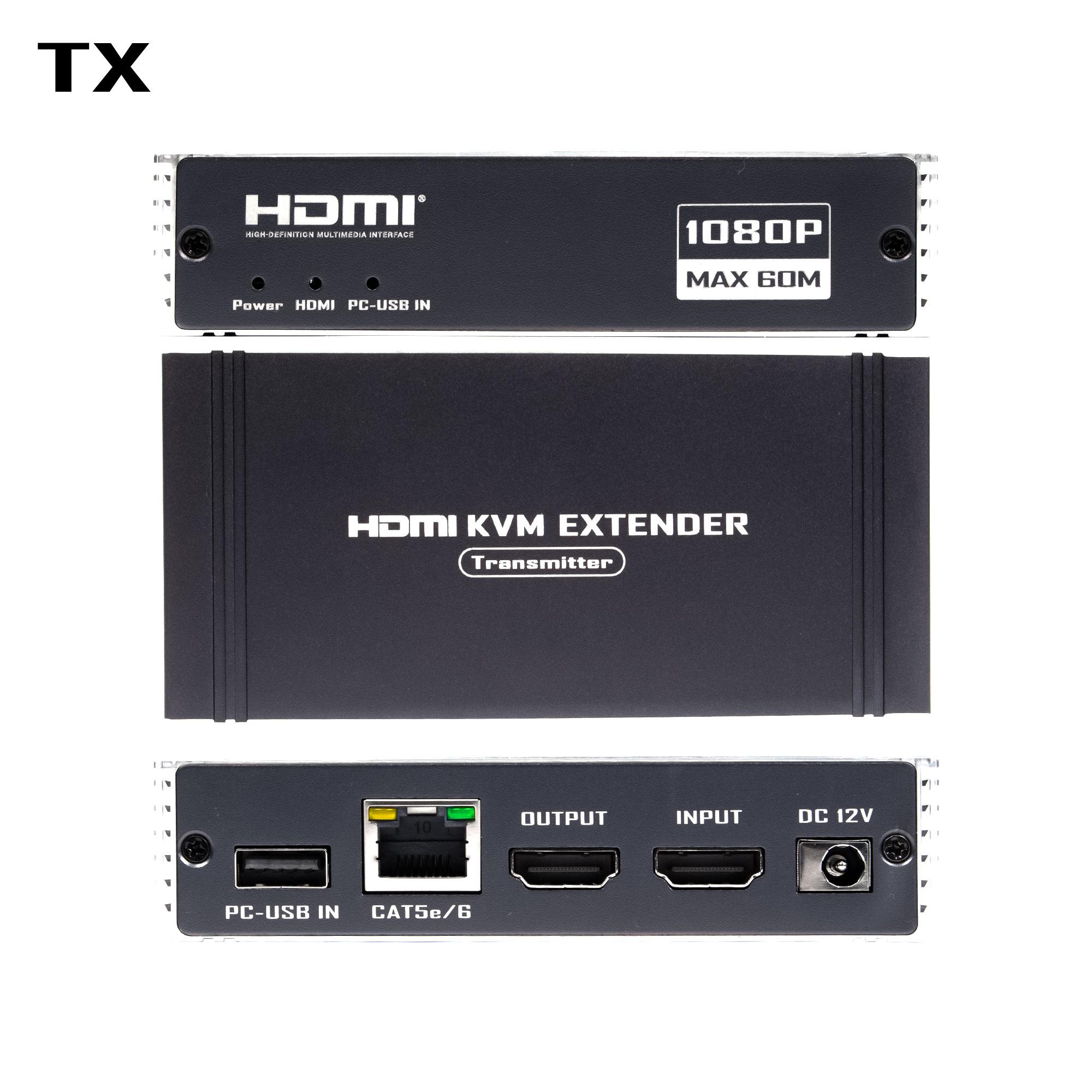 NÖRDIC 1080P 60Hz 65M HDMI KVM Extender USB over Cat5e/Cat6, POC med loop-support, USB til tastatur og mus til PC/computer