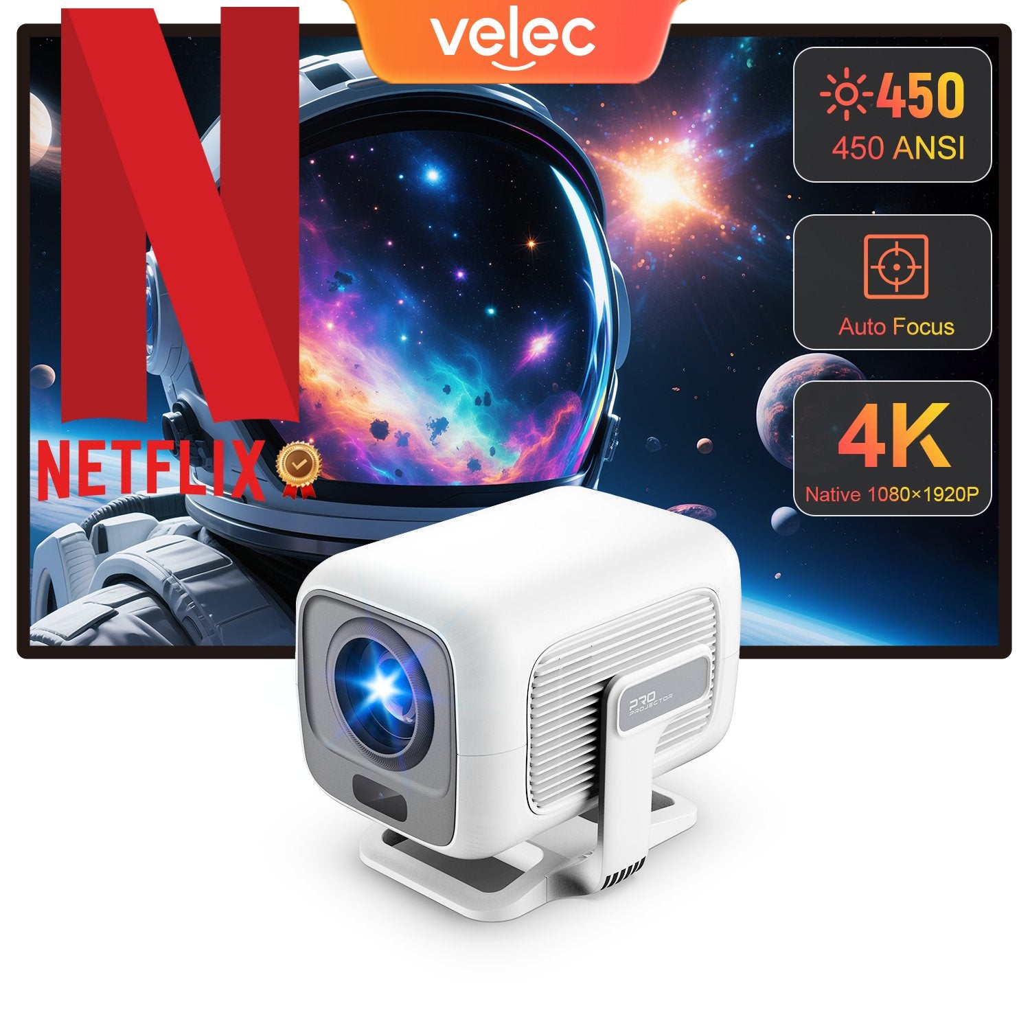 NÖRDIC 1080P Projektor Netflix-certificeret 200 ANSI lumen 2.4/5G WiFi 6 understøttelse til iOS/Android