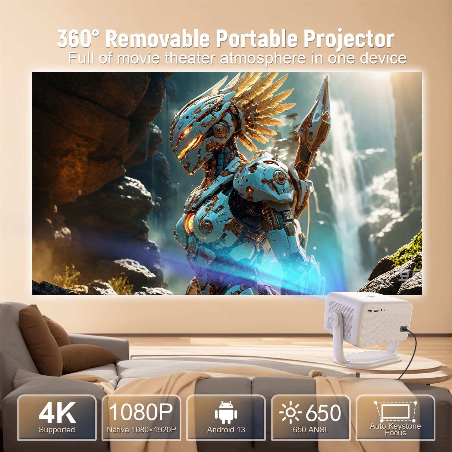 NÖRDIC 1080P Projektor Netflix-certificeret 320 ANSI lumen 2.4/5G WiFi 6 understøttelse til iOS/Android