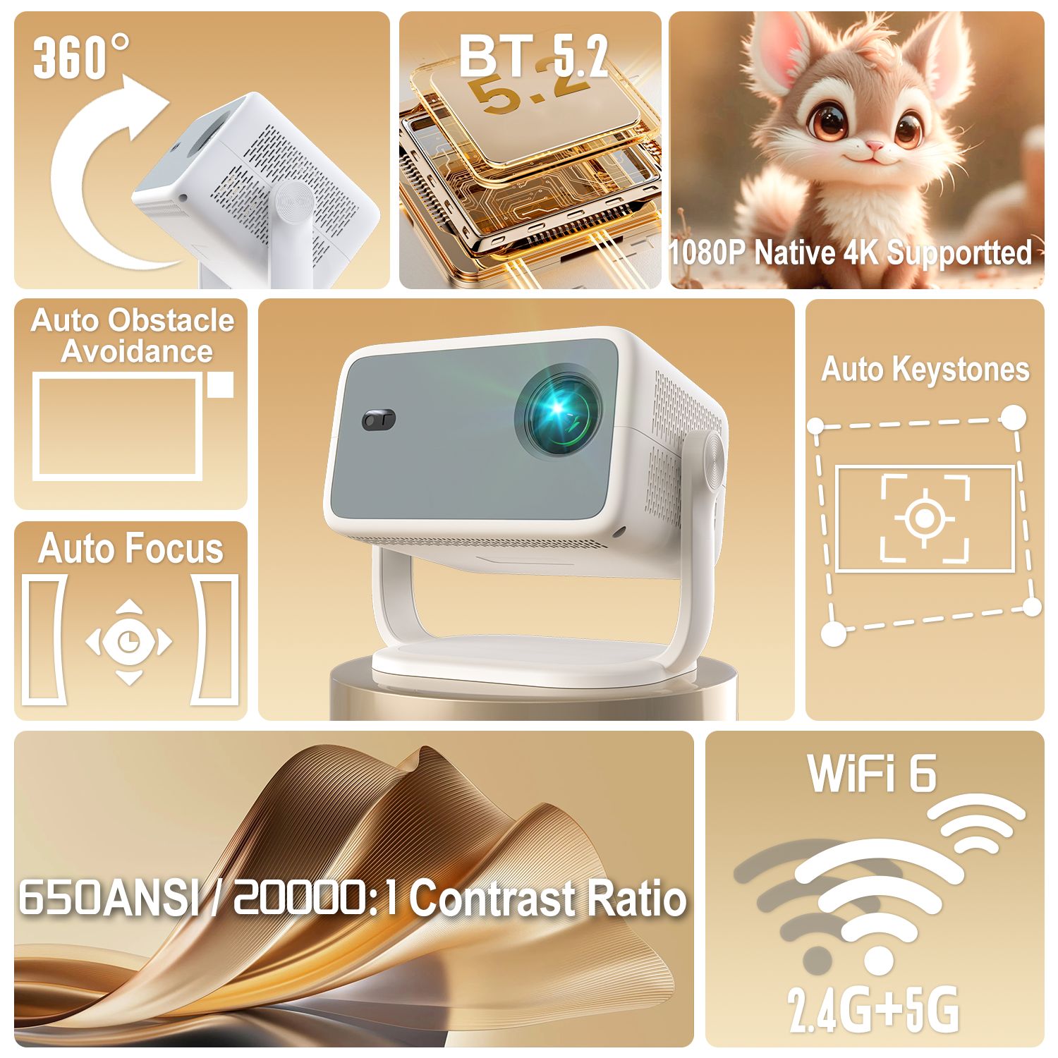 NÖRDIC 1080P Projektor Netflix-certificeret 320 ANSI lumen 2.4/5G WiFi 6 understøttelse til iOS/Android